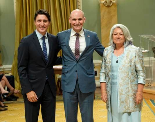 July 26, 2023, Ottawa, ON, Canada: Prime Minister Justin Trudeau and Gov.-Gen. Mary Simon pose with Minister of Public Services and Procurement Jean-Yves Duclos during a cabinet swearing-in ceremony at Rideau Hall in Ottawa on Wednesday, July 26, 2023. Ottawa Canada  - ZUMAc35_ 20230726_zaf_c35_117 Copyright: xAdrianxWyldx