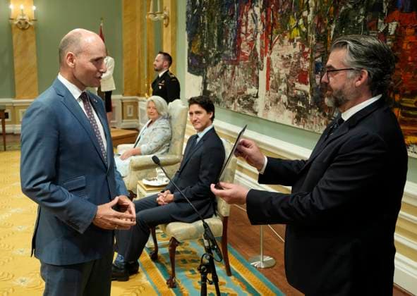 July 26, 2023, Ottawa, ON, Canada: Minister of Public Services and Procurement Jean-Yves Duclos takes the oath during a cabinet swearing-in ceremony at Rideau Hall in Ottawa on Wednesday, July 26, 2023. Ottawa Canada  - ZUMAc35_ 20230726_zaf_c35_120 Copyright: xAdrianxWyldx