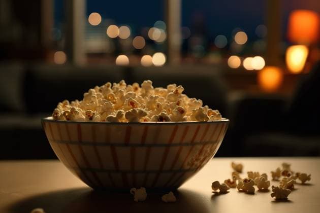 IMAGO Creative: Herbst, Gemütliches Zuhause Generative AI illustration of ceramic bowl of popcorn on wooden table in living room against blurred night background with windows illuminated with orange lights MR RamonLopez_ID15456_470530_001 Copyright: xRamonxLopezx RECORD DATE NOT STATED Model Released