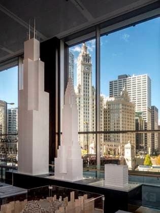 October 7, 2019: Skyscraper models at the Chicago Architecture Center museum include the Willis Tower, left, the Chrysler Building, center and the Home Insurance Building. Seen through the window is the famous Wrigley Building. - ZUMAg78_ 20191007_fap_g78_001 Copyright: xSpencerxGrantx