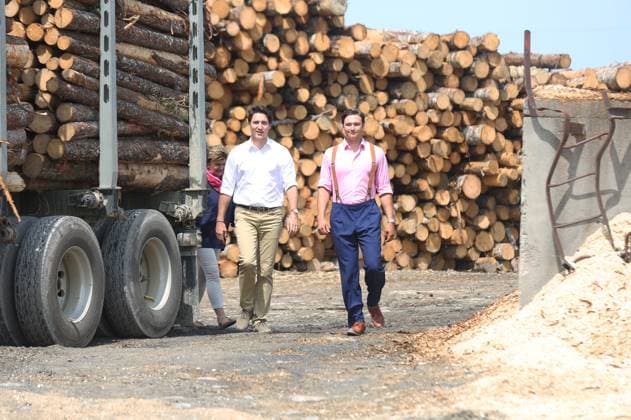 July 27, 2023, Summerford, NL, CANADA: Prime Minister Justin Trudeau, left, gets a tour of Cottles Island Lumber with Robin Phillpot, grandson of the owner in Summerford, Newfoundland and Labrador on Thursday, July 27, 2023. Summerford CANADA - ZUMAc35_ 20230727_zaf_c35_012 Copyright: xPaulxDalyx