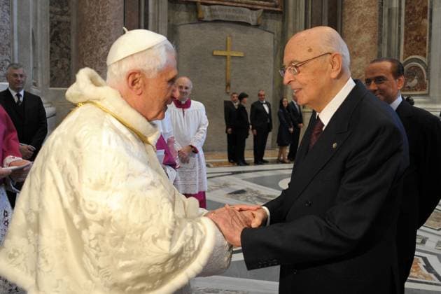 Beatification of Pope John Paul II celebrated by Benedict XVI in Vatican Pope Benedict XVI greets italian President Giorgio Napolitano after the beatification ceremony of John Paul II. Pope Benedict XVI beatified Pope John Paul II before more than a million faithful in St. Peter s Square at the Vatican on May 1, 2011. Photo by ABACAPRESS.COM Vatican Italy  Copyright: xABACAx 273247_014 ABACAx 273247_014 
