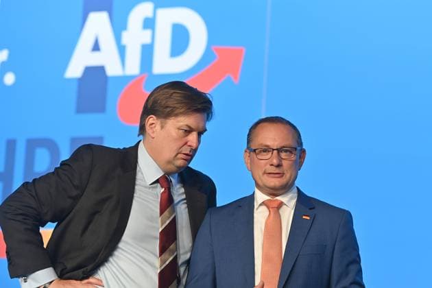 v.li:EU Abgeordneter Maximilian KRAH, Tino CHRUPALLA (Bundessprecher) vor Logo. 14.Bundesparteitag der AfD Alternative fuer Deutschland am 28.07.2023 in der Messe Magdeburg *** v li EU Member of Parliament Maximilian KRAH, Tino CHRUPALLA Federal speaker before Logo 14 Federal party conference of the AfD alternative for Germany on 28 07 2023 in the fair Magdeburg
