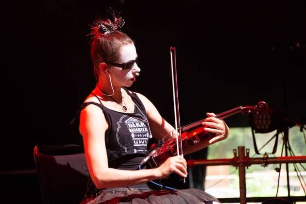 July 28, 2023, Malmesbury, Wiltshire, England: Dakh Daughters from Ukraine performed a very powerful Ã¢â‚¬Ëœfreak-caberetÃ¢â‚¬â ¢. The seven piece performance group displayed powerful visuals of the Ukraine war to accompany their provocative performance that included emotive lyrics about the realities lived by Ukrainian people. Womad (world of music and dance) festival took place at Charlton Park near Malmesbury in Wiltshire, UK. Now in its 41st year, thousands flocked to the park to watch a diverse international line-up of acts. Malmesbury England - ZUMAr169 20230728_zip_r169_032 Copyright: xRodxHarbinsonx