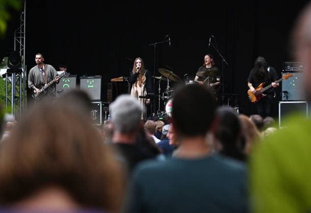 Music Festival Heimspiel Knyphausen 28 to 30 July 2023 , Concert of the band Dry Cleaning Post Punk on Friday, 28 July 2023 Performance of the music band Dry Cleainng at the festival Heimspiel Knyphausen on 28 July 2023 See Thomas Paul Dowse guitar li ,