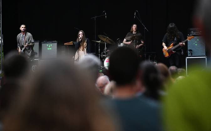 Music Festival Heimspiel Knyphausen 28 to 30 July 2023 , Concert of the band Dry Cleaning Post Punk on Friday, 28 July 2023 Performance of the music band Dry Cleainng at the festival Heimspiel Knyphausen on 28 July 2023 See Thomas Paul Dowse guitar li ,