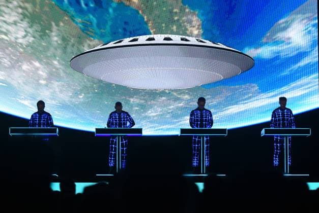 July 29, 2023, Sitges, Barcelona, Spain: Ralf Hütter, Fritz Hilpert, Henning Schmitz and Falk Grieffenhagen from the German band Kraftwerk perform during the Jardins de Terramar Festival in Sitges. Kraftwerk is a German electronic music band, born in 1970 in Düsseldorf and was one of the first groups to popularize electronic music, considered pioneers of the genre..In the 1970s and early 1980s, Kraftwerk s distinctive sound was revolutionary, and has had a lasting effect across many genres of modern music. Sitges Spain - ZUMAs197 20230729_zaa_s197_243 Copyright: xRamonxCostax