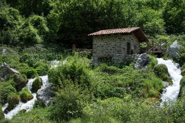 Alte Wassermühle aus Stein am Fluss Cares am Ende der Ruta del Cares im Nationalpark und UNESCO-Biosphärenreservat Picos de Europa in Asturien, Nordspanien. Juni 2023. Ausgangspunkt zahlreicher Wanderwege. Wasserfall Nordspanien erwandern *** Old stone water mill on the river Cares at the end of the Ruta del Cares in the Picos de Europa National Park and UNESCO Biosphere Reserve in Asturias, northern Spain June 2023 starting point of numerous hiking trails Hiking waterfall northern Spain 20230615DSC_4892