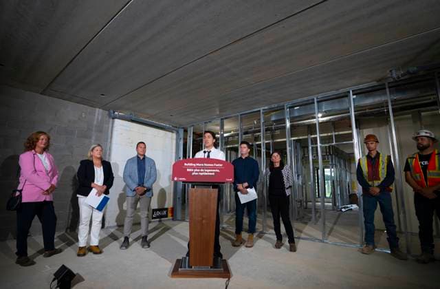 July 31, 2023, Hamilton, Ont, CAN: Prime Minister Justin Trudeau speaks during a visit to an apartment complex under construction in Hamilton, Ont., Monday, July 31, 2023. He was joined today by the Mayor of Hamilton, Andrea Horwath, to announce a joint investment of nearly $64 million from the Government of Canada and the City of Hamilton to build and repair 214 homes for families in the city. Hamilton CAN - ZUMAc35_ 20230731_zaf_c35_062 Copyright: xPeterxPowerx