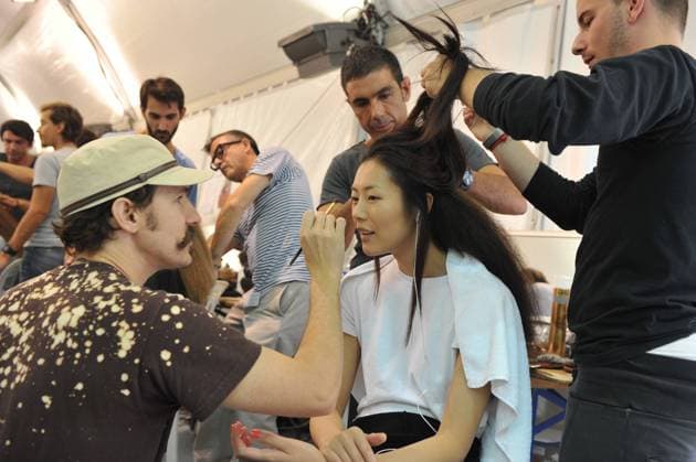 Paris Fashion Show - Viktor & Rolf - Backstage Liu Wen backstage before a creation by designers Viktor & Rolf for their Spring-Summer 2012 Ready-To-Wear collection show held at L espace Ephemere, Jardins des Tuileries, in Paris, France, on October 1, 2011. Photo by Nicolas Gouhier ABACAPRESS.COM Paris France  Copyright: xBriquet-Gorassini-Gouhier-Guibbaud-Orban ABACAx 292261_002 Briquet-Gorassini-Gouhier-Guibbaud-Orban ABACAx 292261_002 