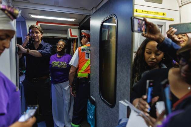 August 1, 2023, TORONTO, ON, CANADA: Canadian Prime Minister Justin Trudeau uses the PA system on a TTC train during the Underground Freedom Train Ride in Toronto, an event commemorating the abolition of slavery in the British Empire, on Tuesday, August 1, 2023. TORONTO CANADA  - ZUMAc35_ 20230801_zaf_c35_001 Copyright: xColexBurstonx