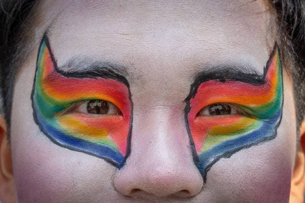 August 6, 2023, VANCOUVER, BC, CANADA: A person s eye makeup is done with rainbows during the Pride Parade at English Bay in Vancouver, B.C., Sunday, Aug. 6, 2023. VANCOUVER CANADA  - ZUMAc35_ 20230806_zaf_c35_012 Copyright: xEthanxCairnsx