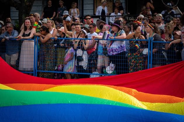 August 6, 2023, VANCOUVER, BC, CANADA: A large flag passes during the Pride Parade at English Bay in Vancouver, B.C., Sunday, Aug. 6, 2023. VANCOUVER CANADA  - ZUMAc35_ 20230806_zaf_c35_020 Copyright: xEthanxCairnsx