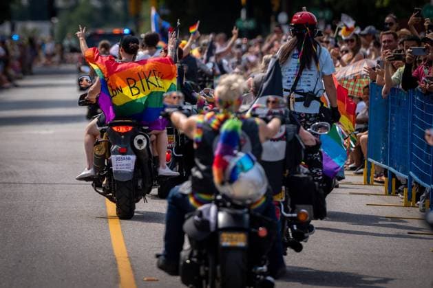 August 6, 2023, VANCOUVER, BC, CANADA: Motorcycle group öÄuDykes on BikesöÄÃ¹ passes during the Pride Parade at English Bay in Vancouver, B.C., Sunday, Aug. 6, 2023. VANCOUVER CANADA  - ZUMAc35_ 20230806_zaf_c35_025 Copyright: xEthanxCairnsx