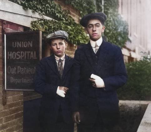 Portrait of Two 14-year-old Boys, Oscar Matoon and John Healy, with Hand Injuries sustained while Working at Textile Mills, Fall River, Massachusetts, USA, Lewis Hine, 1916  Copyright: xCircaxImagesx ghi-circa01324