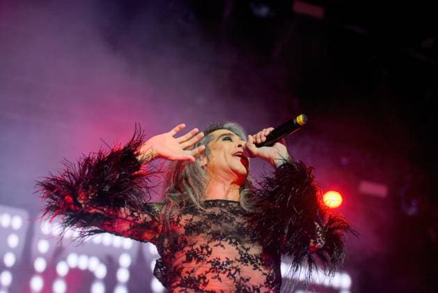 August 8, 2023, Sitges, Spain: Singer Mario Vaquerizo of Nancys Rubias performs at the Festival Jardins de terramar in Sitges. The Spanish group Nancys Rubias performed at the Festival Jardins de Terramar in Sitges in front of 2,500 people..Nancys Rubias is a glam and electronic pop group formed by the versatile artist and husband of the singer Alaska from the group Fangoria, Mario Vaquerizo singer, his sister Marta Vaquerizo drums, Miguel Balanzategui keyboards and Pedro del Moral Guitar. Sitges Spain - ZUMAs197 20230808_aaa_s197_001 Copyright: xRamonxCostax
