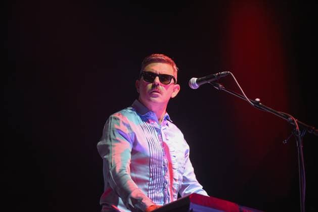 August 8, 2023, Sitges, Spain: Keyboardist Miguel Balanzategui of Nancys Rubias performs at the Jardins de terramar Festival in Sitges. The Spanish group Nancys Rubias performed at the Festival Jardins de Terramar in Sitges in front of 2,500 people..Nancys Rubias is a glam and electronic pop group formed by the versatile artist and husband of the singer Alaska from the group Fangoria, Mario Vaquerizo singer, his sister Marta Vaquerizo drums, Miguel Balanzategui keyboards and Pedro del Moral Guitar. Sitges Spain - ZUMAs197 20230808_aaa_s197_005 Copyright: xRamonxCostax
