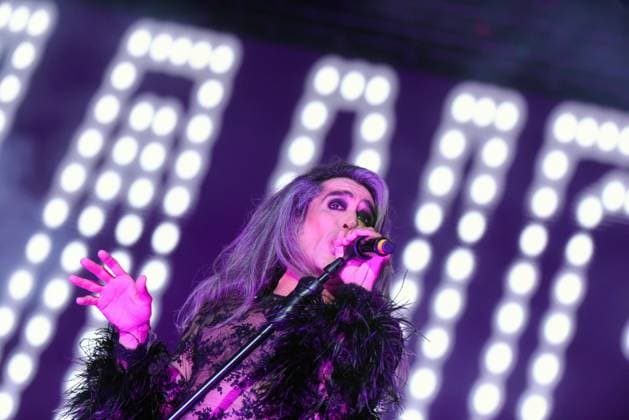 August 8, 2023, Sitges, Spain: Singer Mario Vaquerizo of Nancys Rubias performs at the Festival Jardins de terramar in Sitges. The Spanish group Nancys Rubias performed at the Festival Jardins de Terramar in Sitges in front of 2,500 people..Nancys Rubias is a glam and electronic pop group formed by the versatile artist and husband of the singer Alaska from the group Fangoria, Mario Vaquerizo singer, his sister Marta Vaquerizo drums, Miguel Balanzategui keyboards and Pedro del Moral Guitar. Sitges Spain - ZUMAs197 20230808_aaa_s197_010 Copyright: xRamonxCostax