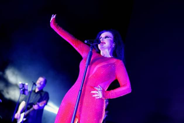 August 8, 2023, Sitges, Barcelona, Spain: Singer Alaska from the group Fangoria performs at the Jardins de Terramar Festival in Sitges. The Spanish-Mexican singer Alaska, the singer of the Fangoria group, performed at the Jardins de Terramar Festival in Sitges in front of 2,500 people. Maria del Olvido Gara Jova (Mexico City, June 13, 1963), better known by her stage name Alaska, is a Spanish-Mexican singer, actress, composer, television presenter, businesswoman, writer, producer, and DJ. Sitges Spain - ZUMAs197 20230808_aaa_s197_061 Copyright: xRamonxCostax