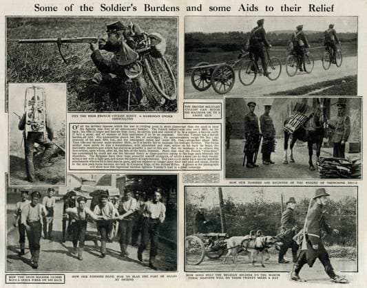Transport methods used by soldiers, WW1 Methods used by soldiers for transporting their equipment during the First World War. Showing a French cyclist scout aiming his rifle with his cycle on his back, three British military cyclists pulling a light gun along a road, British soldiers with a horse to carry their trenching tools, a Swiss soldier with a quick firer carried on his back, British soldiers pulling a cart along a road at Ostend, and Belgian soldiers on the march with a pair of dogs pulling a light gun. Date: September 1914  Copyright: Copyrightx(c)Geminix2023.xCredit:xGemini 10643318