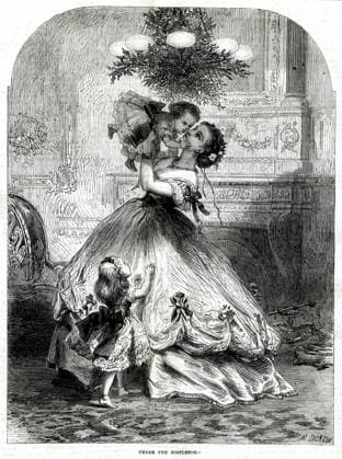Kissing under the mistletoe 1865 A mother lifts up and kisses her young child under the mistletoe. Date: 1865  Copyright: Copyrightx(c)Geminix2023.xCredit:xGemini 10653257