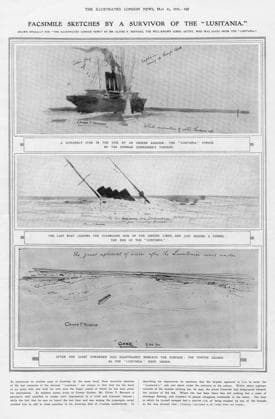The Lusitania struck by a torpedo A page from the Illustrated London News showing three sketches of a series of five by Oliver Bernard, a scenic artist at the Covent Garden Opera, who was on board the Lusitania, and survived, when it was hit and sunk by a torpedo fired by a German submarine Date: 7 May 1915  Copyright: Copyrightx(c)Geminix2023.xCredit:xGemini 10691464