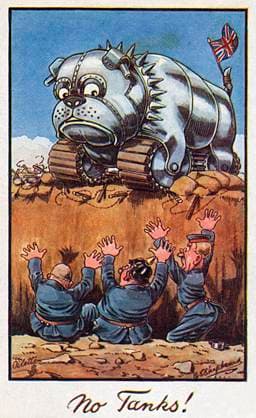 British Bulldog Tank surprises Germans in a trench A truly superb postcard showing a British Tank represented by an armour-plated Bulldog surprising three German soldiers in their trench. WWI era. The card is captioned with the lovely strapline:~~~~ No Tanks! ~~~~(see: 10085360 for another in the series) Date: circa 1917  Copyright: Copyrightx(c)Geminix2023.xCredit:xGemini 10694700