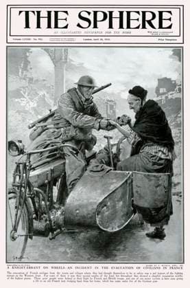 Sphere cover - evacuation of civilians in France, WW1 A Knight-Errant on wheels - an incident in the evacuation of civilians in France. A British motor cyclists helps an old French lady, evacuated from her home as it has come under fire from German guns, into the side-car of his vehicle. The fighting retreat of 1918 meant that many civilians found themselves leaving their homes for a second time. Date: 1918  Copyright: Copyrightx(c)Geminix2023.xCredit:xGemini 10825300