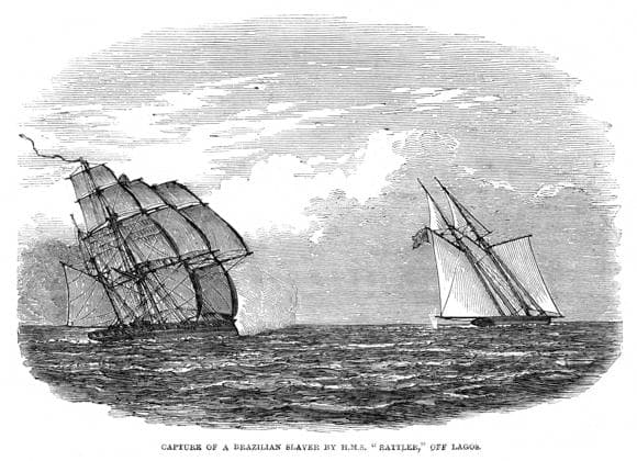 Capture of a Brazilian slaver by HMS Rattler off Lagos Capture of a Brazilian slaver, Andorinha, by British ship HMS Rattler off Lagos, Nigeria, western coast of Africa. Date: 1849  Copyright: Copyrightx(c)Geminix2023.xCredit:xGemini 10838050