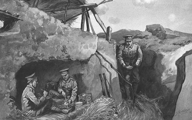 Early WW1 trenches in the Aisne district, October 1914 View from inside a trench in the Aisne district, showing the head cover and communicating trench. Early example of the trench system which would eventually dominate the Western Front during the First World War. Date: 1914  Copyright: Copyrightx(c)Geminix2023.xCredit:xGemini 10933855