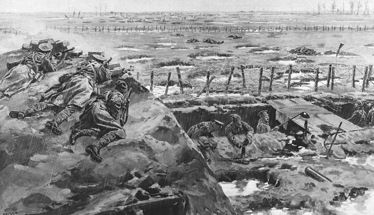 The Three Musketeers - Canadian sharpshooters, WW1 The Three Musketeers of Princess Patricia s Own (Princess Patricia s Canadian Light Infantry) firing from a mound with a fine view of the German first line trenches. The men stayed in position for hours opening up brisk fire on the unsuspecting enemy, killing nine or ten German soldiers. They kept the enemy at bay until nightfall after which they retired to the trenches -the only casualty being a slight bullet wound to the finger of one. Note the men in the waterlogged trench making attempts to drain it. Date: 1915  Copyright: Copyrightx(c)Geminix2023.xCredit:xGemini 10941808