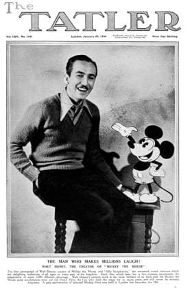 Tatler cover - Walt Disney Front cover of The Tatler featuring a photograph of Walt Disney (1901-1966), American film producer, animator and founder of Walt Disney film studios pictured with one of his original, classic creations, Mickey Mouse. Date: 1930  Copyright: Copyrightx(c)Geminix2023.xCredit:xGemini 11107973
