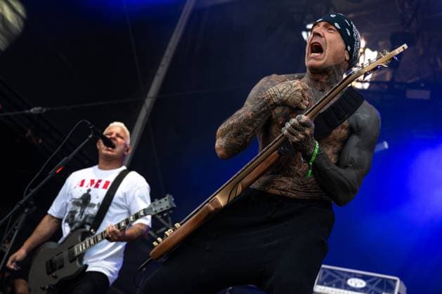 Evan Seinfeld, right, and Billy Graziadei of US music band Biohazard performs during the Brutal Assault music festival focused on metal, on August 10, 2023, at the Josefov Fortress in Jaromer, Czech Republic. (CTKxPhoto DavidxTanecek) CTKPhotoP2023081007037  CTKPhotoP2023081007037