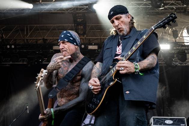 Evan Seinfeld, left, and Bobby Hambel of US music band Biohazard perform during the Brutal Assault music festival focused on metal, on August 10, 2023, at the Josefov Fortress in Jaromer, Czech Republic. (CTKxPhoto DavidxTanecek) CTKPhotoP2023081007173  CTKPhotoP2023081007173