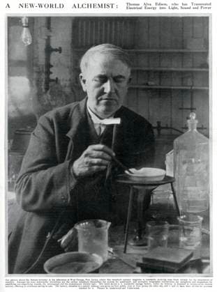 Thomas Edison Thomas Alva Edison (1847 - 1931), American inventor and businessman, who has been described as America s greatest inventor. Photograph showing Edison in his laboratory at West Orange, New Jersey, working on the battery installed in a special tramcar. Date: 1910  Copyright: Copyrightx(c)Geminix2023.xCredit:xGemini 12041592