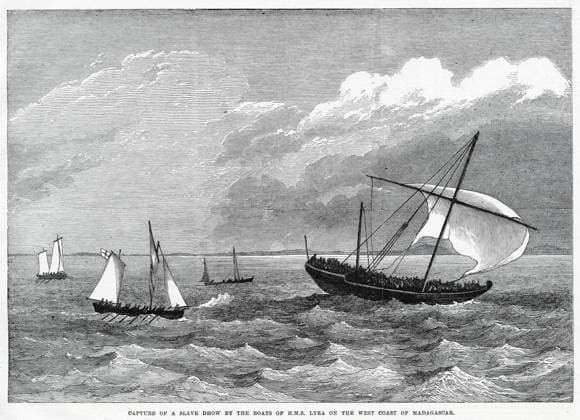 Capture of a slave Dhow by the boats of HMS Lyra Capture of a slave Dhow by the boats of HMS Lyra on the West coast of Madagascar. Date: 1867  Copyright: Copyrightx(c)Geminix2023.xCredit:xGemini 13100150