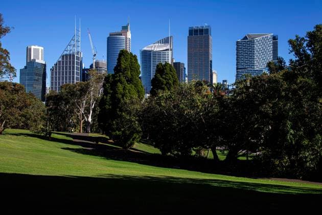 Sydney City Skyline Sydney City skyline from the Royal Botanical Gardens in Sydney, New South Wales, Australia. Sydney New South Wales Australia Copyright: xTaraxMalhotrax