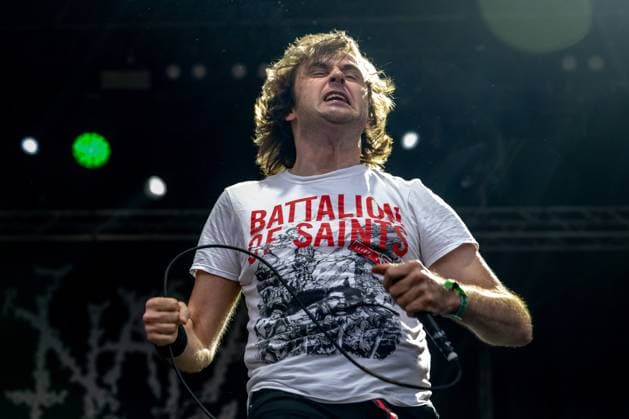 Mark Greenway, singer of British-American music band Napalm Death, performs during the final day of the Brutal Assault music festival focused on metal, on August 12, 2023, at the Josefov Fortress in Jaromer, Czech Republic. (CTKxPhoto DavidxTanecek) CTKPhotoP2023081206028  CTKPhotoP2023081206028