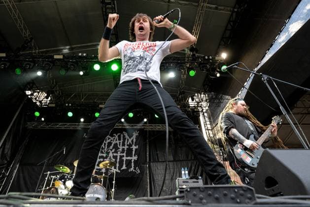 L-R Singer Mark Greenway and guitarist Mitch Harris of British-American music band Napalm Death, perform during the final day of the Brutal Assault music festival focused on metal, on August 12, 2023, at the Josefov Fortress in Jaromer, Czech Republic. (CTKxPhoto DavidxTanecek) CTKPhotoP2023081206031  CTKPhotoP2023081206031