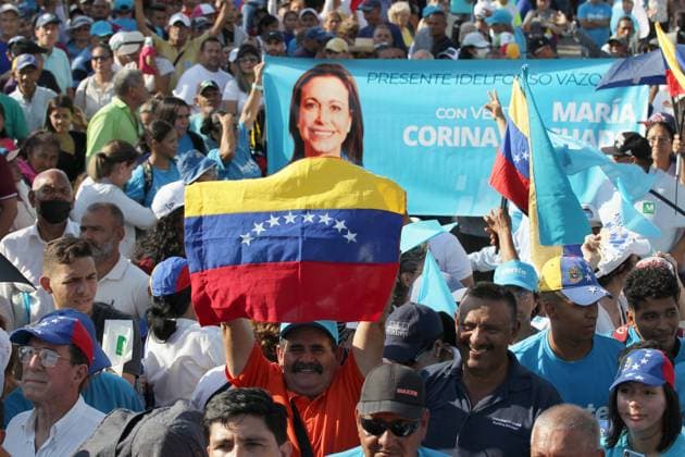 Maria Corina Machado of the opposition Party During A Rally in Maracaibo August 11, 2023, Marcaibo, Venezuela: Maria Corina Machado supportters, attend a rally of the the candidate of the opppssition Maria Corina Machado, that seeks to evic Socalist President Nicolas Maduro who aspires to be re-electe for a new presidencial term. on August 11, 2023 in Marcaibo, Venezuela, Credit:Jose Isaac Bula Urrutia Eyepix Avalon Venezuela, Zulia, Marcaibo  Copyright: xJosexIsaacxBulaxUrrutia xEyepixx xAvalonx 0796523076