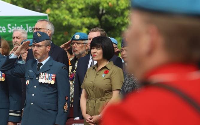 August 13, 2023, Ottawa, ON, Canada: Veterans Affairs Minister Ginette Petitpas Taylor watches the National Peacekeepers Day ceremony in Ottawa, Sunday, Aug. 13, 2023. Ottawa Canada  - ZUMAc35_ 20230813_zaf_c35_001 Copyright: xPatrickxDoylex