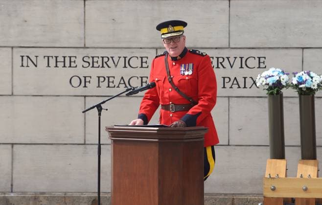 August 13, 2023, Ottawa, ON, Canada: RCMP Deputy Commissioner Bryan Larkin speaks at the National Peacekeepers Day ceremony in Ottawa, Sunday, Aug. 13, 2023. Ottawa Canada  - ZUMAc35_ 20230813_zaf_c35_008 Copyright: xPatrickxDoylex