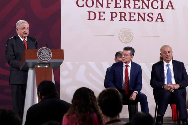 Mexiko, Andres Manuel Lopez Obrador Pressekonferenz August 14, 2023, Mexico City, Mexico: The president of Mexico, Andres Manuel Lopez Obrador with the governors of the states of Chiapas, Rutilio Escandon and Tabasco, Carlos Manuel Merino, at the press conference at the National Palace in the City from Mexico. on August 14, 2023 in Mexico City, Mexico Mexico City Mexico - ZUMAe321 20230814_zia_e321_009 Copyright: xLuisxBarronx