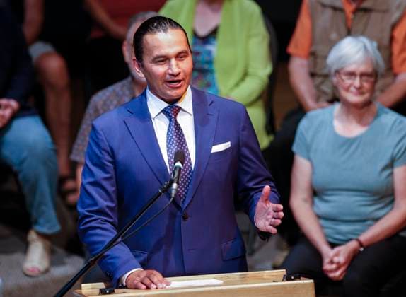 August 16, 2023, WINNIPEG, MANITOBA, CANADA: Wab Kinew, leader of the Manitoba NDP, speaks to party faithful at an event at the Canadian Mennonite University in Winnipeg on Wednesday, August 16, 2023. WINNIPEG CANADA  - ZUMAc35_ 20230816_zaf_c35_045 Copyright: xJohnxWoodsx