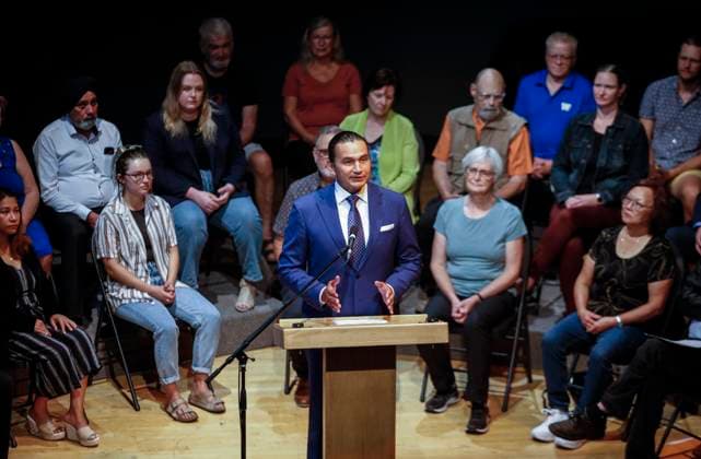 August 16, 2023, WINNIPEG, MANITOBA, CANADA: Wab Kinew, leader of the Manitoba NDP, speaks to party faithful at an event at the Canadian Mennonite University in Winnipeg on Wednesday, August 16, 2023. WINNIPEG CANADA  - ZUMAc35_ 20230816_zaf_c35_046 Copyright: xJohnxWoodsx