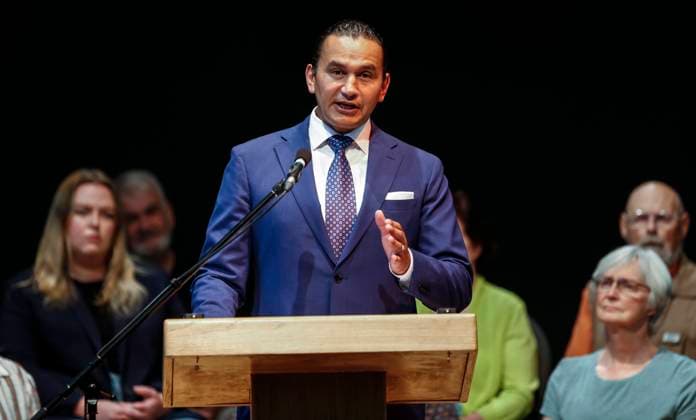 August 16, 2023, WINNIPEG, MANITOBA, CANADA: Wab Kinew, leader of the Manitoba NDP, speaks to party faithful at an event at the Canadian Mennonite University in Winnipeg on Wednesday, August 16, 2023. WINNIPEG CANADA  - ZUMAc35_ 20230816_zaf_c35_048 Copyright: xJohnxWoodsx