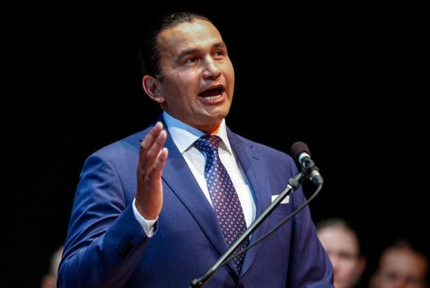 August 16, 2023, WINNIPEG, MANITOBA, CANADA: Wab Kinew, leader of the Manitoba NDP, speaks to party faithful during an event at the Canadian Mennonite University in Winnipeg on Wednesday, August 16, 2023. WINNIPEG CANADA  - ZUMAc35_ 20230816_zaf_c35_057 Copyright: xJohnxWoodsx