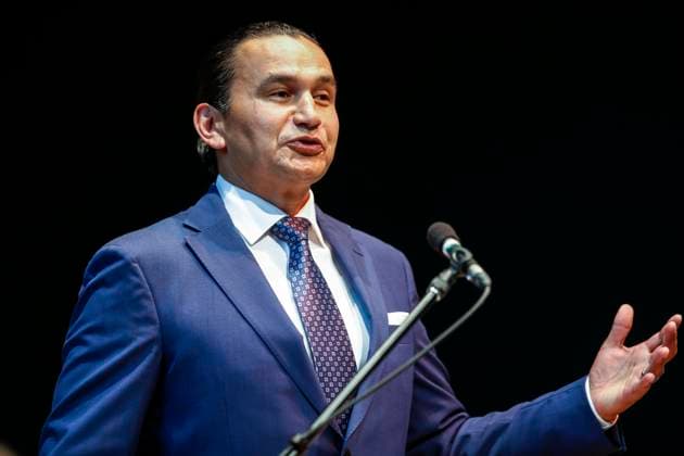 August 16, 2023, WINNIPEG, MANITOBA, CANADA: Wab Kinew, leader of the Manitoba NDP, speaks to party faithful during an event at the Canadian Mennonite University in Winnipeg on Wednesday, August 16, 2023. WINNIPEG CANADA  - ZUMAc35_ 20230816_zaf_c35_061 Copyright: xJohnxWoodsx