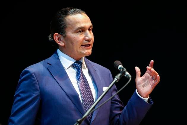 August 16, 2023, WINNIPEG, MANITOBA, CANADA: Wab Kinew, leader of the Manitoba NDP, speaks to party faithful during an event at the Canadian Mennonite University in Winnipeg on Wednesday, August 16, 2023. WINNIPEG CANADA  - ZUMAc35_ 20230816_zaf_c35_062 Copyright: xJohnxWoodsx