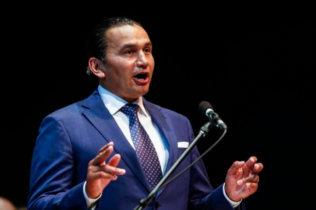 August 16, 2023, WINNIPEG, MANITOBA, CANADA: Wab Kinew, leader of the Manitoba NDP, speaks to party faithful during an event at the Canadian Mennonite University in Winnipeg on Wednesday, August 16, 2023. WINNIPEG CANADA  - ZUMAc35_ 20230816_zaf_c35_064 Copyright: xJohnxWoodsx
